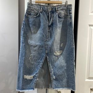 Midi distressed denim skirt